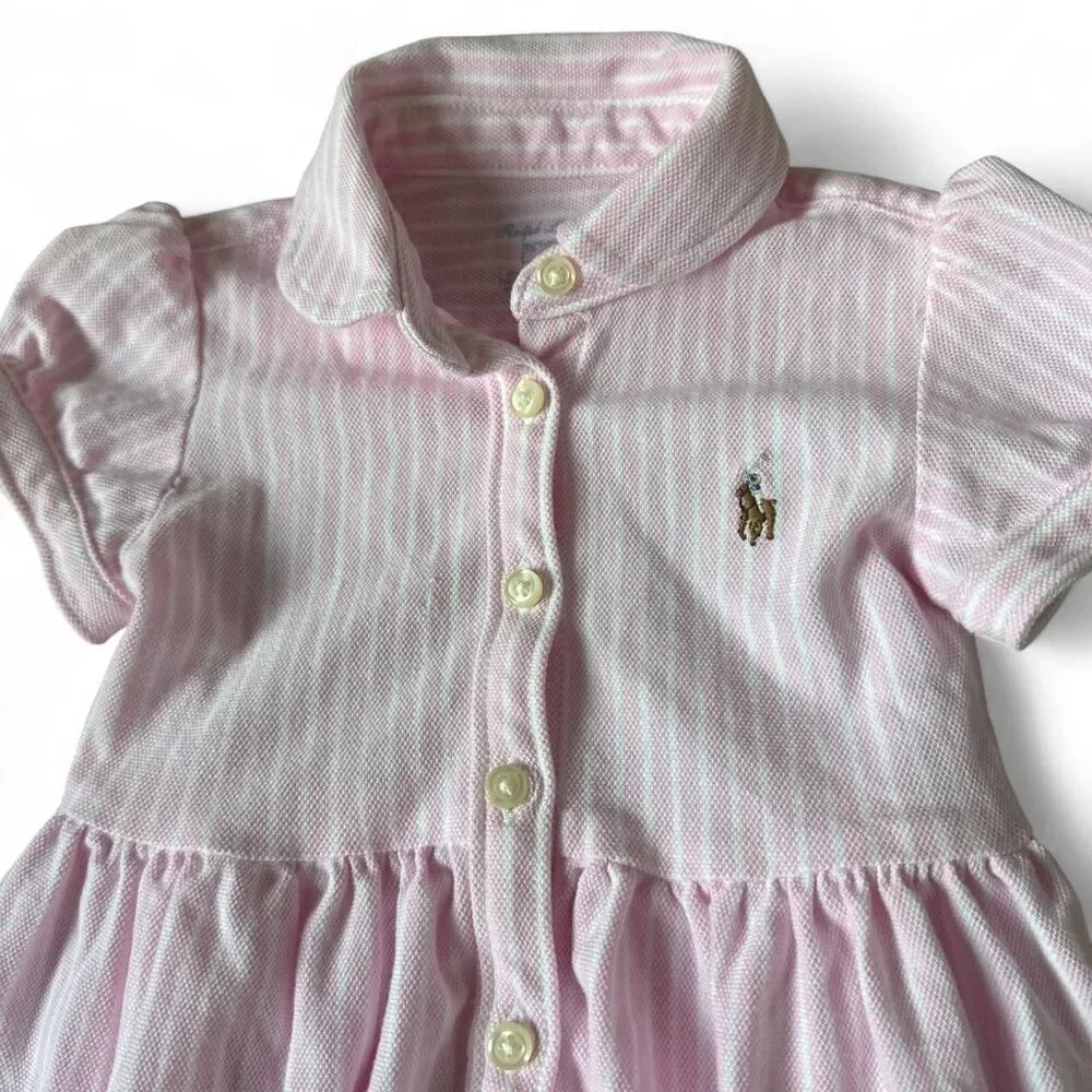 Ralph Lauren Baby Girl Pink Striped Polo Dress with Bloomers | 6 Months